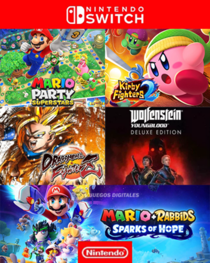 5 en 1 Mario party +  Mario+ rabbids+ kirby figt 2+ Dragon ball figt + wolfenstein Deluxe-NINTENDO SWITCH